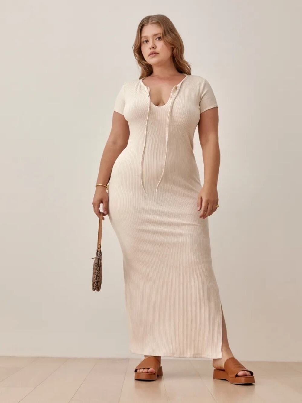 Reformation Mari Cream Ribbed Dress Organic Cotton + Tencel Size L Minimalist